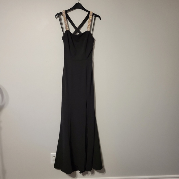Betsy & Adam Crystal Crossed Straps Black Formal Gown with Cowl Back - Picture 1 of 11